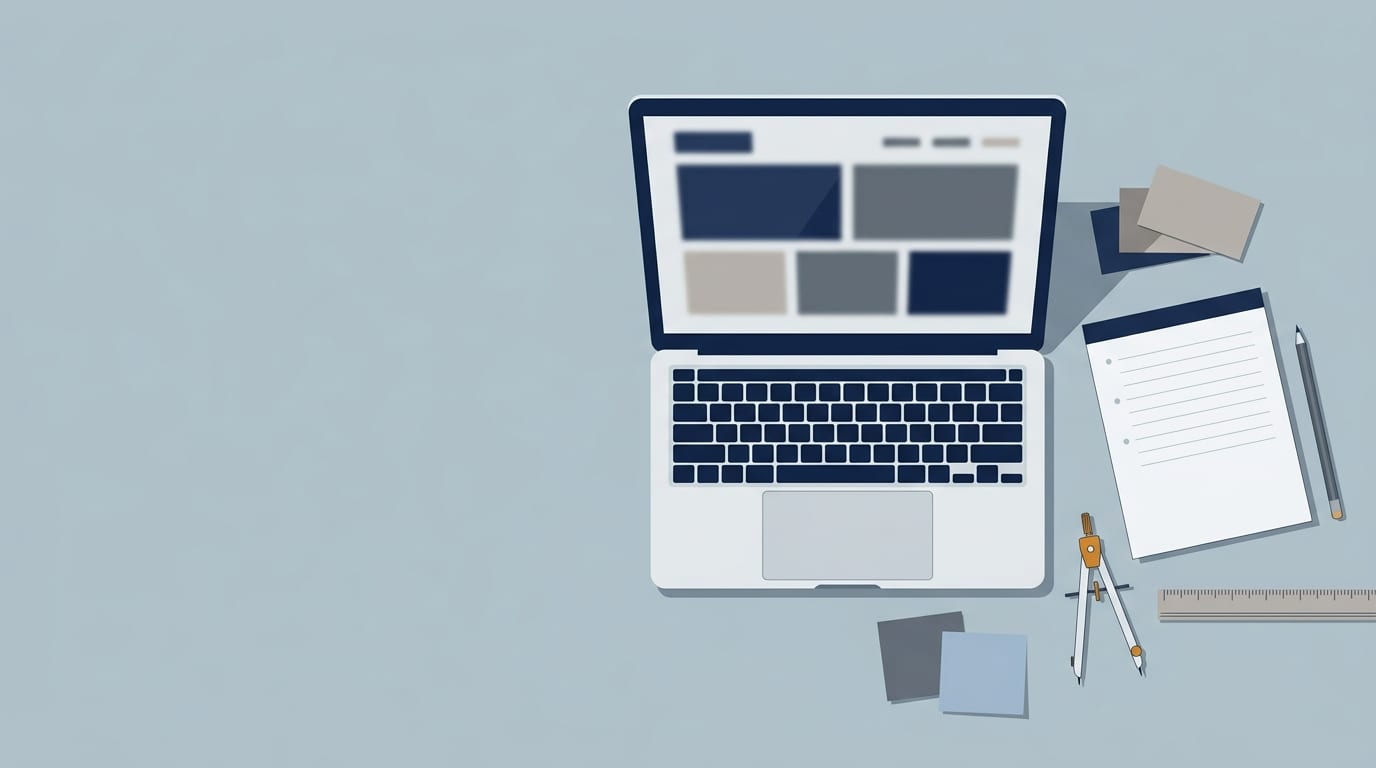 Ilustracja redakcyjna: minimalistyczne biurko z laptopem z abstrakcyjnym układem bloków, notatnikiem i przyborami — metafora spokojnego planowania strony bez chaosu narzędzi